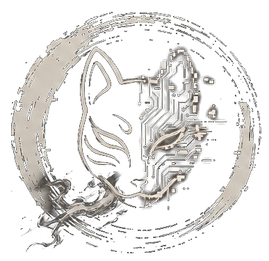 Logo Youkai — maska kitsune łącząca się z obwodem scalonym, w okręgu enso
